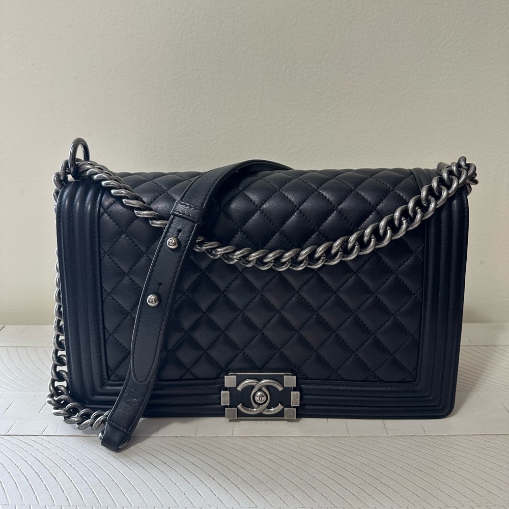 Chanel Medium Quilted Lambskin Black Boy Bag with Ruthenium Hardware